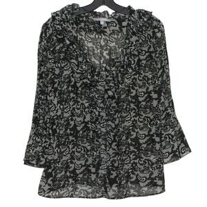 Top 3/4 Sleeve Whimsigoth Goth Coquette Romantic Sheer Ruffle Button Black XL